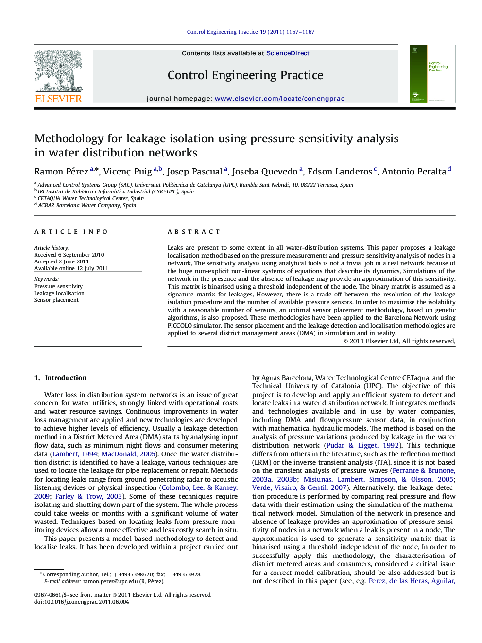 Methodology for leakage isolation using pressure sensitivity analysis in water distribution networks