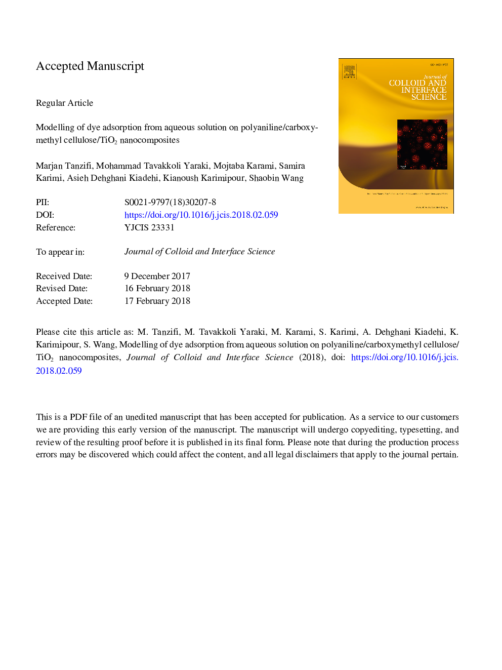 Modelling of dye adsorption from aqueous solution on polyaniline/carboxymethyl cellulose/TiO2 nanocomposites