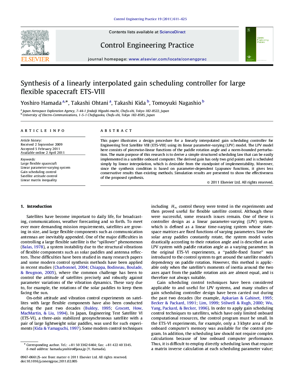 Synthesis of a linearly interpolated gain scheduling controller for large flexible spacecraft ETS-VIII