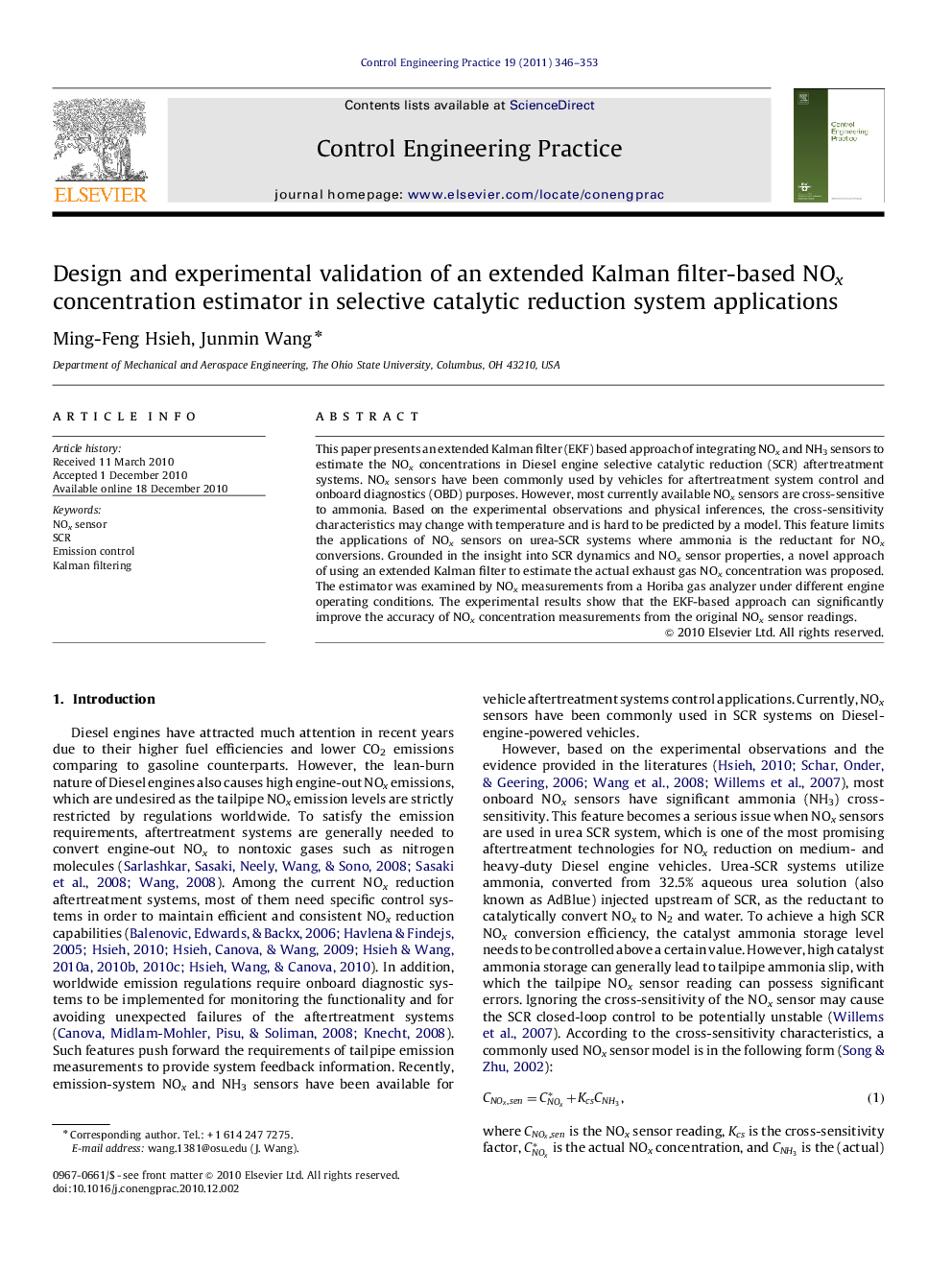 Design and experimental validation of an extended Kalman filter-based NOx concentration estimator in selective catalytic reduction system applications