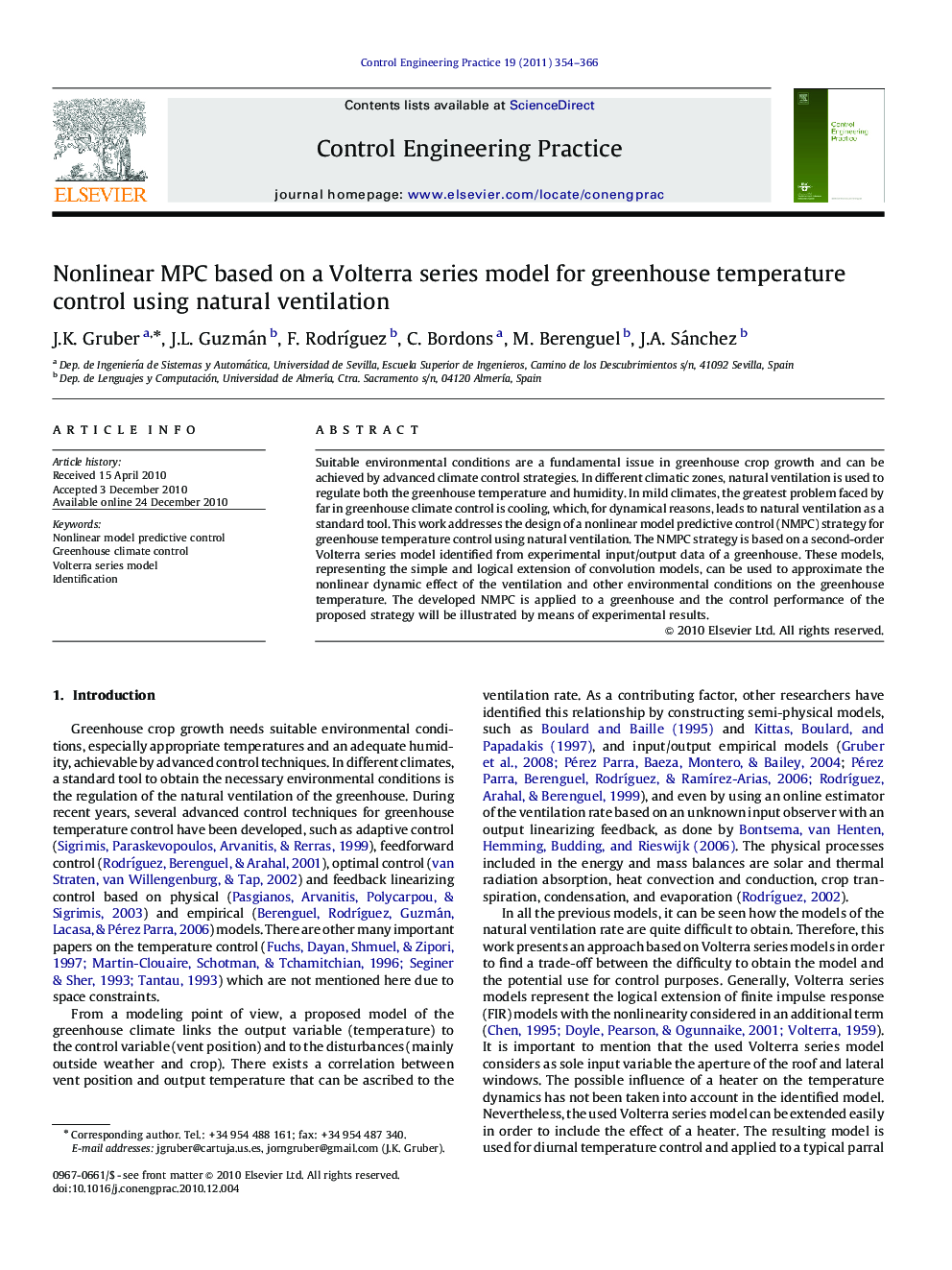 Nonlinear MPC based on a Volterra series model for greenhouse temperature control using natural ventilation