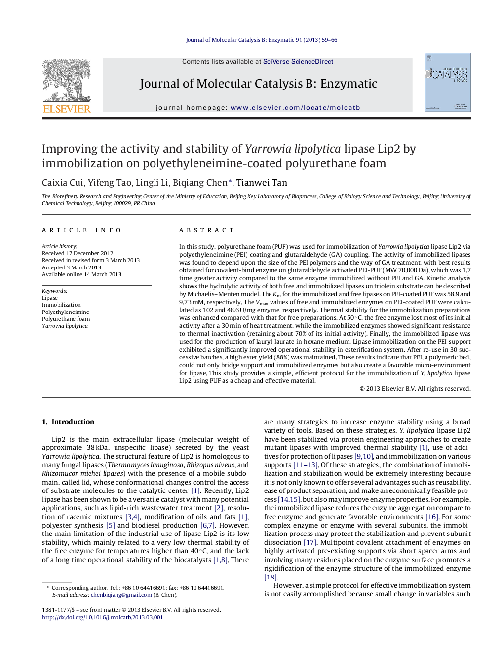 Improving the activity and stability of Yarrowia lipolytica lipase Lip2 by immobilization on polyethyleneimine-coated polyurethane foam