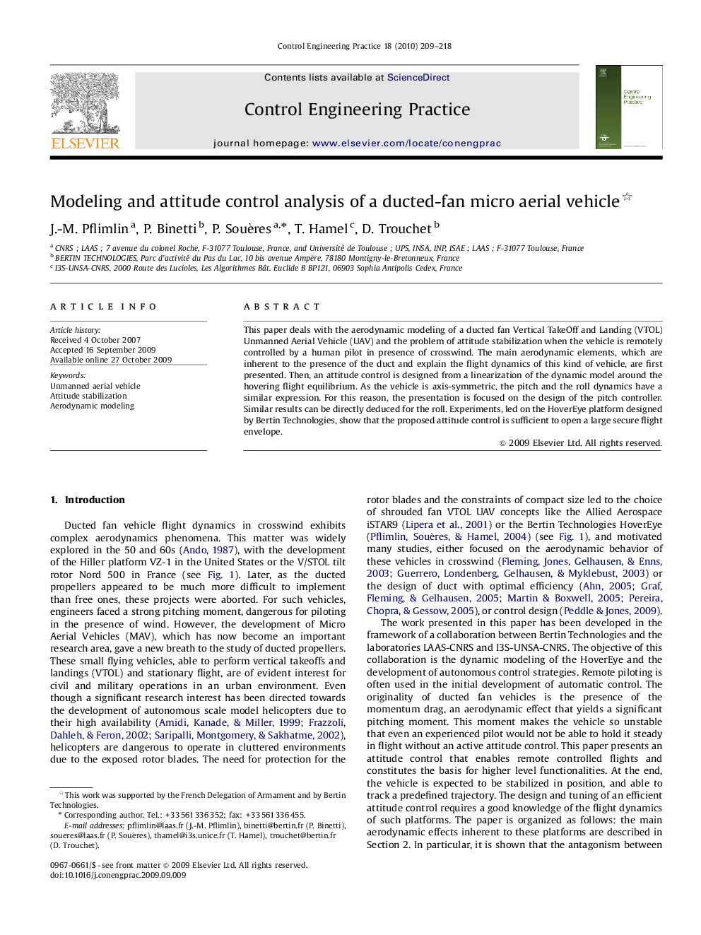 Modeling and attitude control analysis of a ducted-fan micro aerial vehicle 