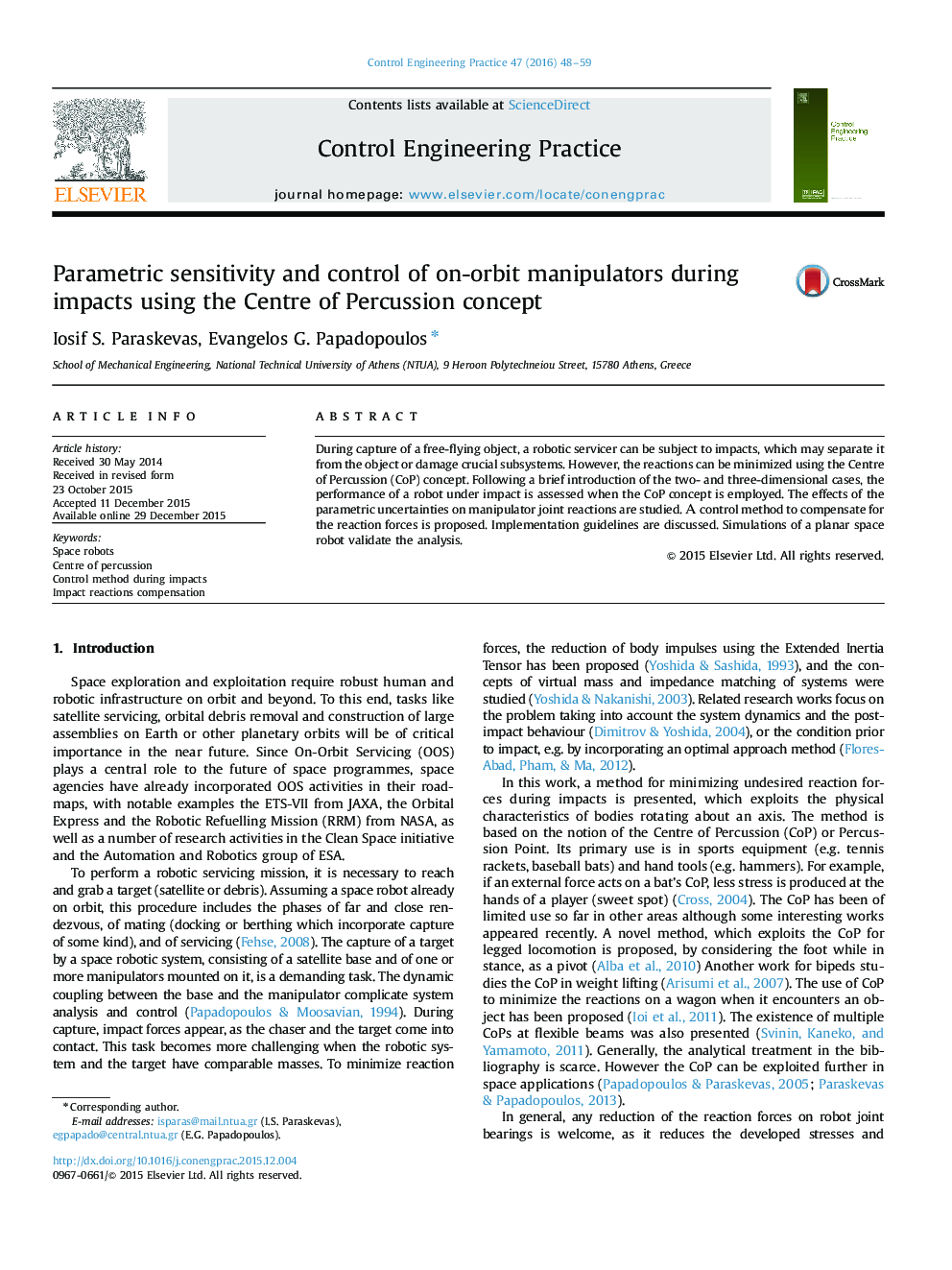 Parametric sensitivity and control of on-orbit manipulators during impacts using the Centre of Percussion concept