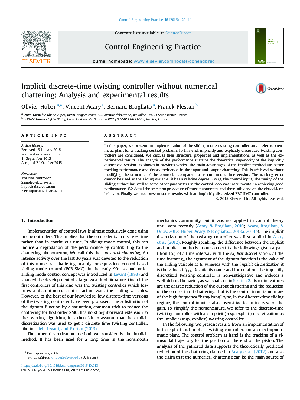 Implicit discrete-time twisting controller without numerical chattering: Analysis and experimental results