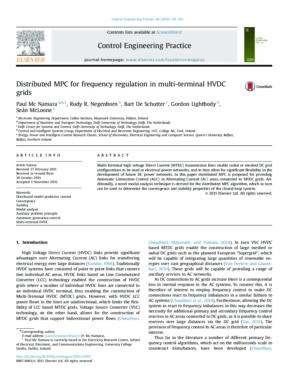 MPC توزیع شده برای تنظیم فرکانس در شبکه های HVDC چند ترمینال