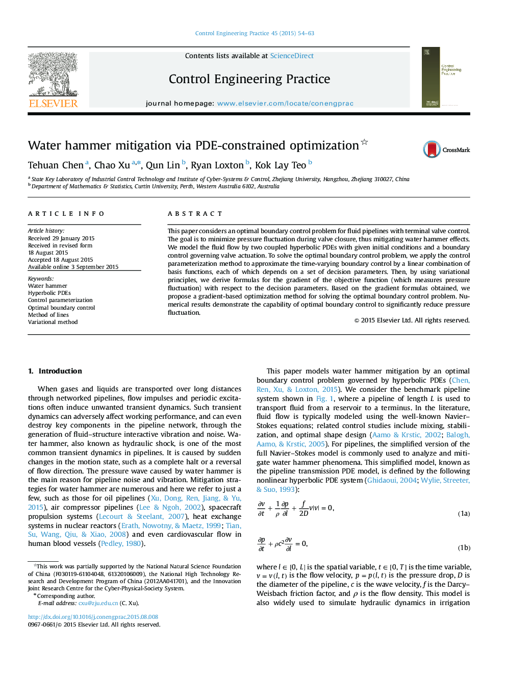 Water hammer mitigation via PDE-constrained optimization 