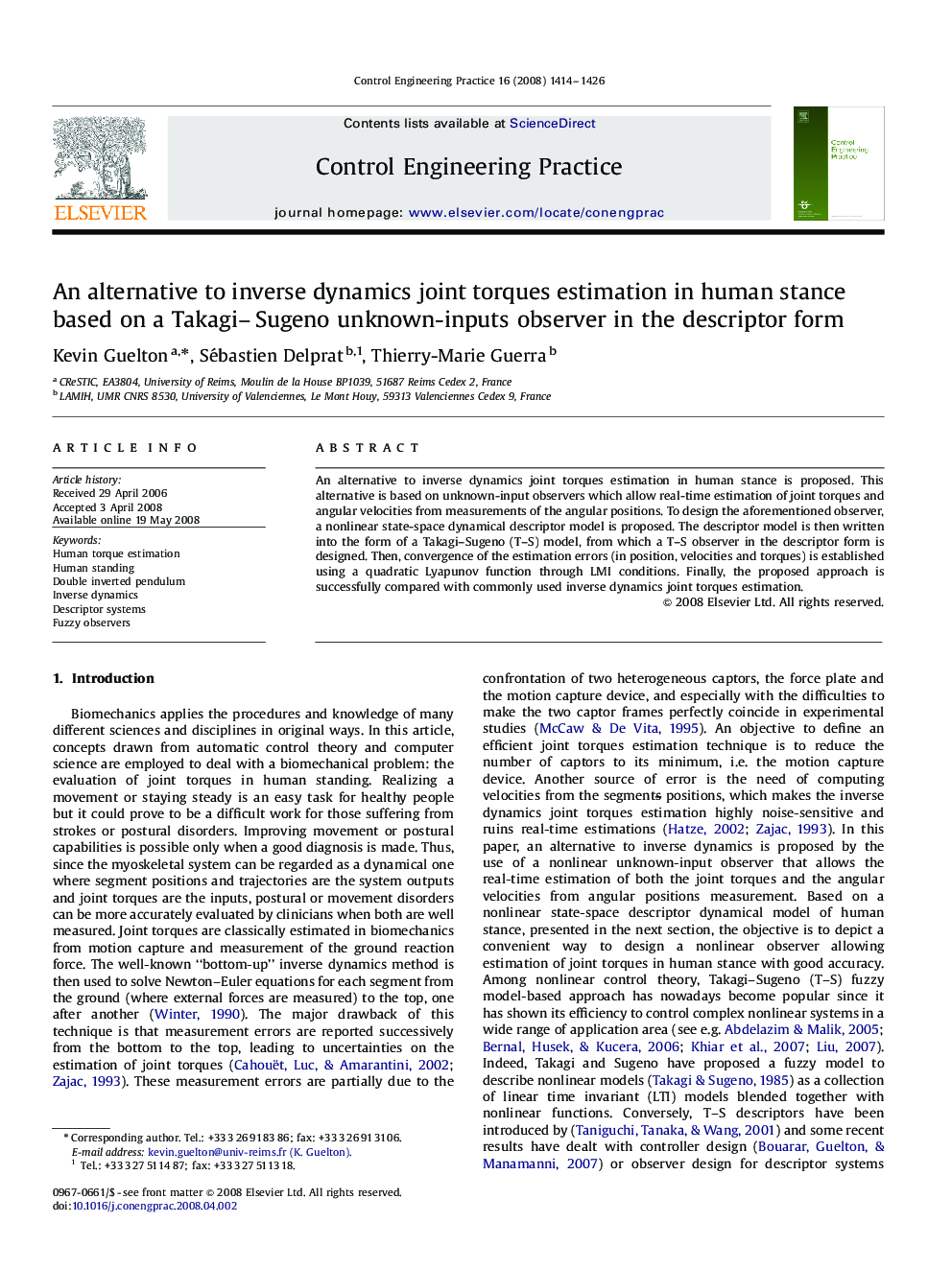 An alternative to inverse dynamics joint torques estimation in human stance based on a Takagi–Sugeno unknown-inputs observer in the descriptor form