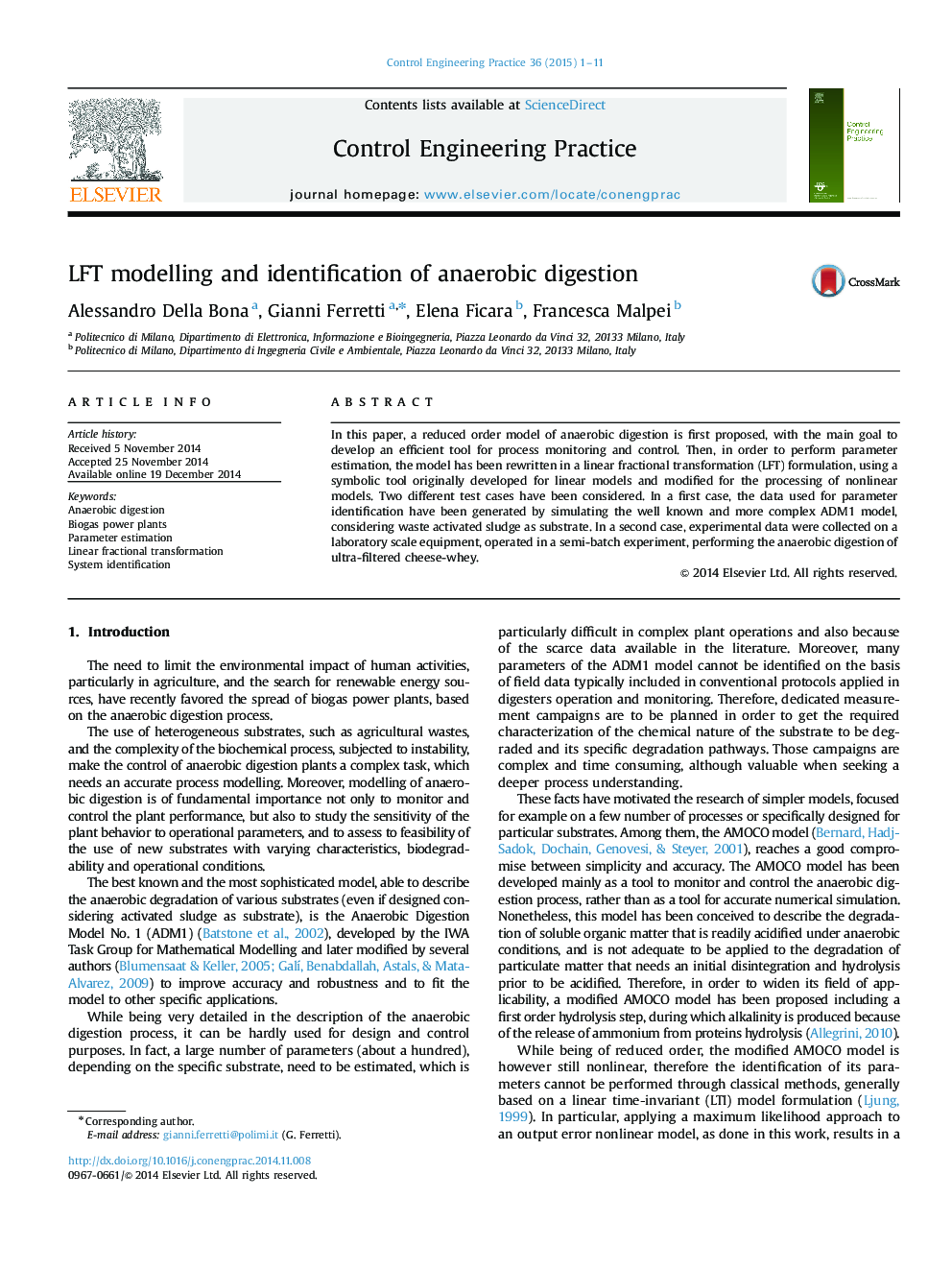 LFT modelling and identification of anaerobic digestion