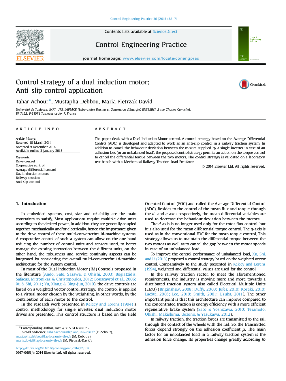 Control strategy of a dual induction motor: Anti-slip control application