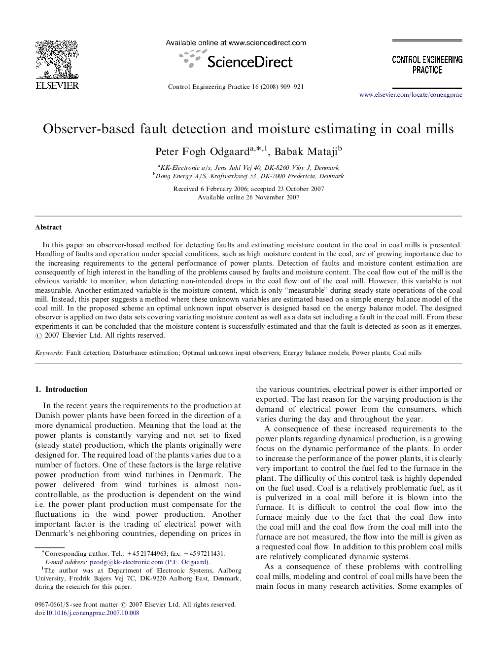 Observer-based fault detection and moisture estimating in coal mills