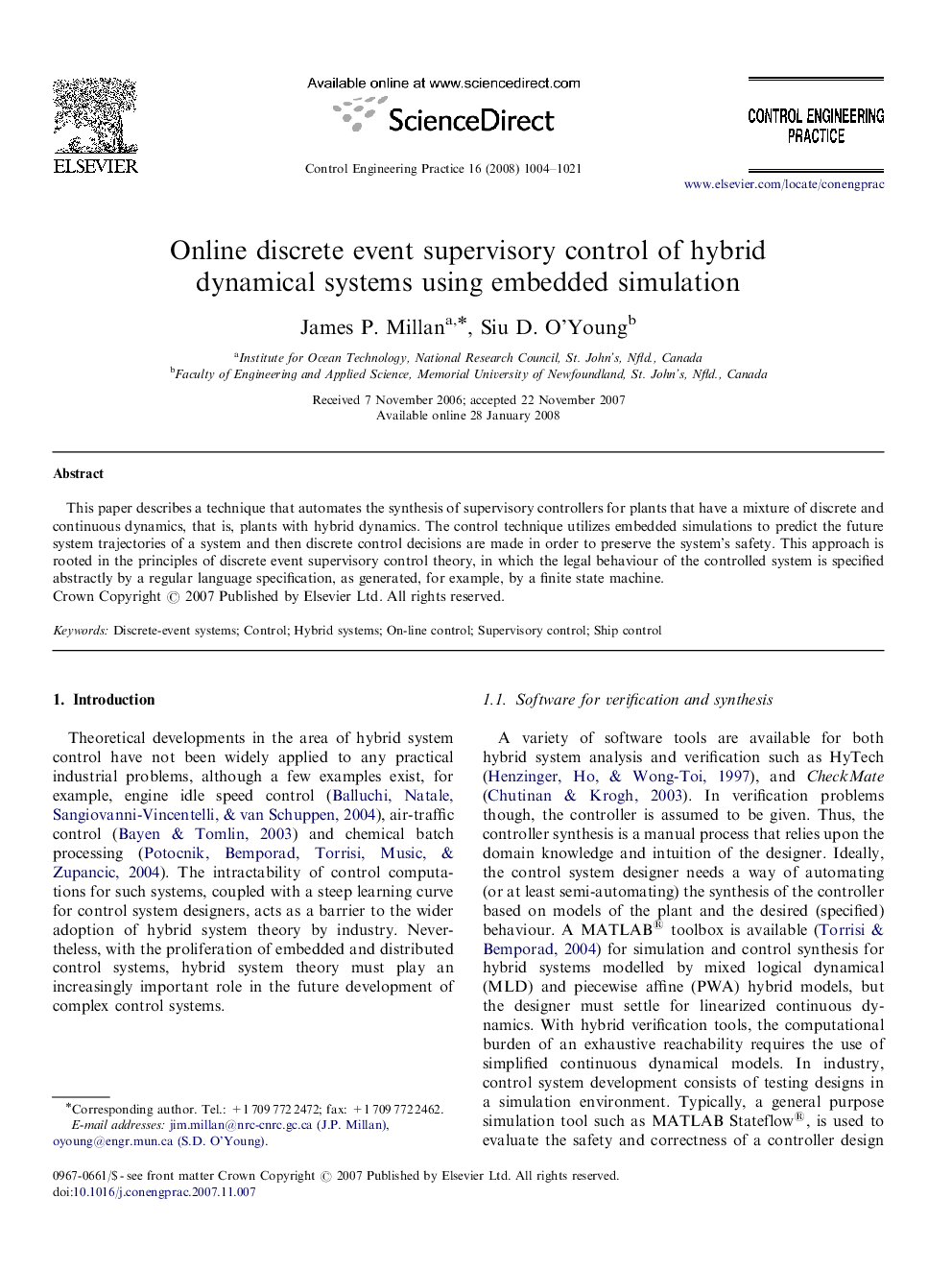 Online discrete event supervisory control of hybrid dynamical systems using embedded simulation