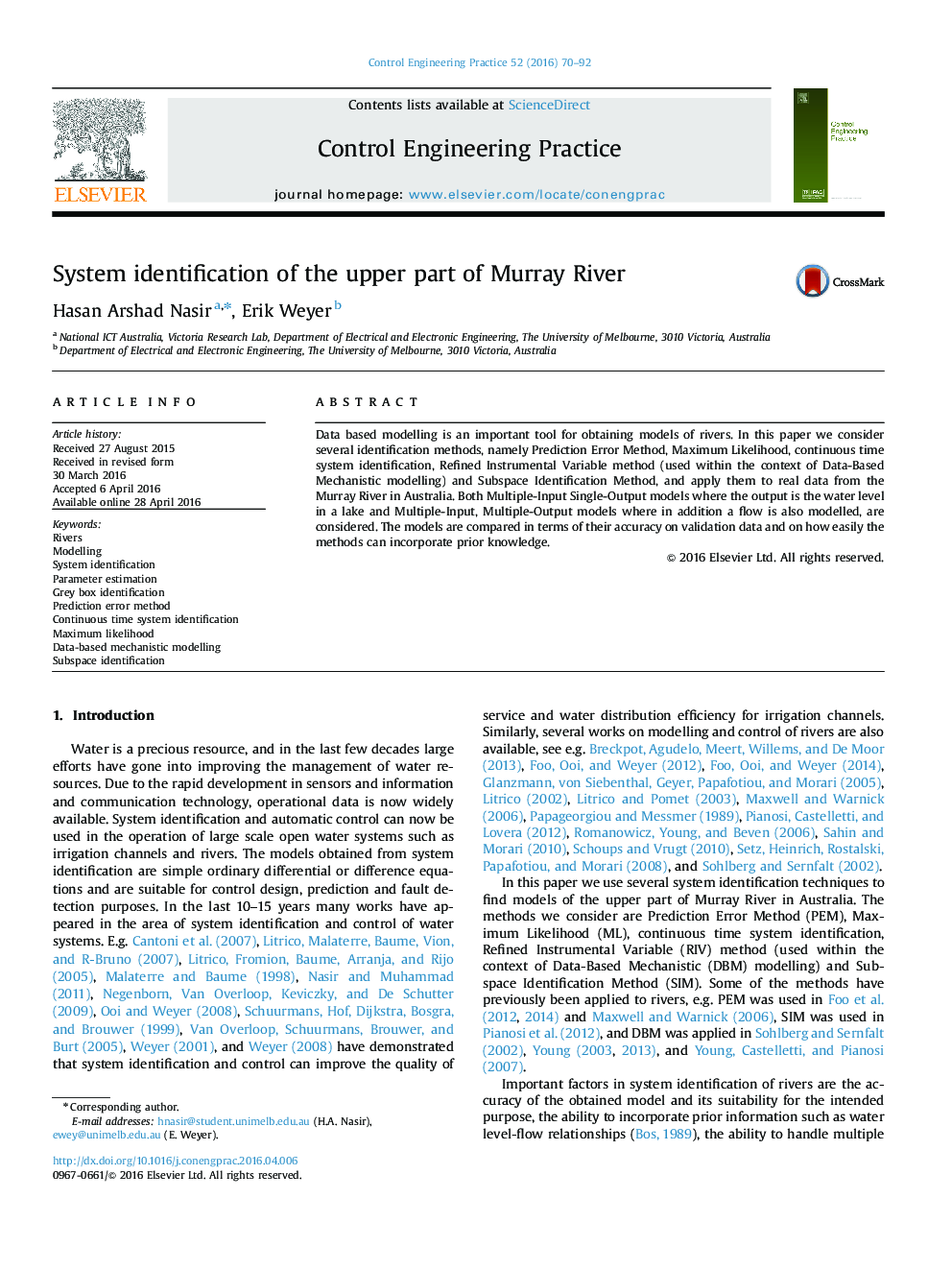 System identification of the upper part of Murray River