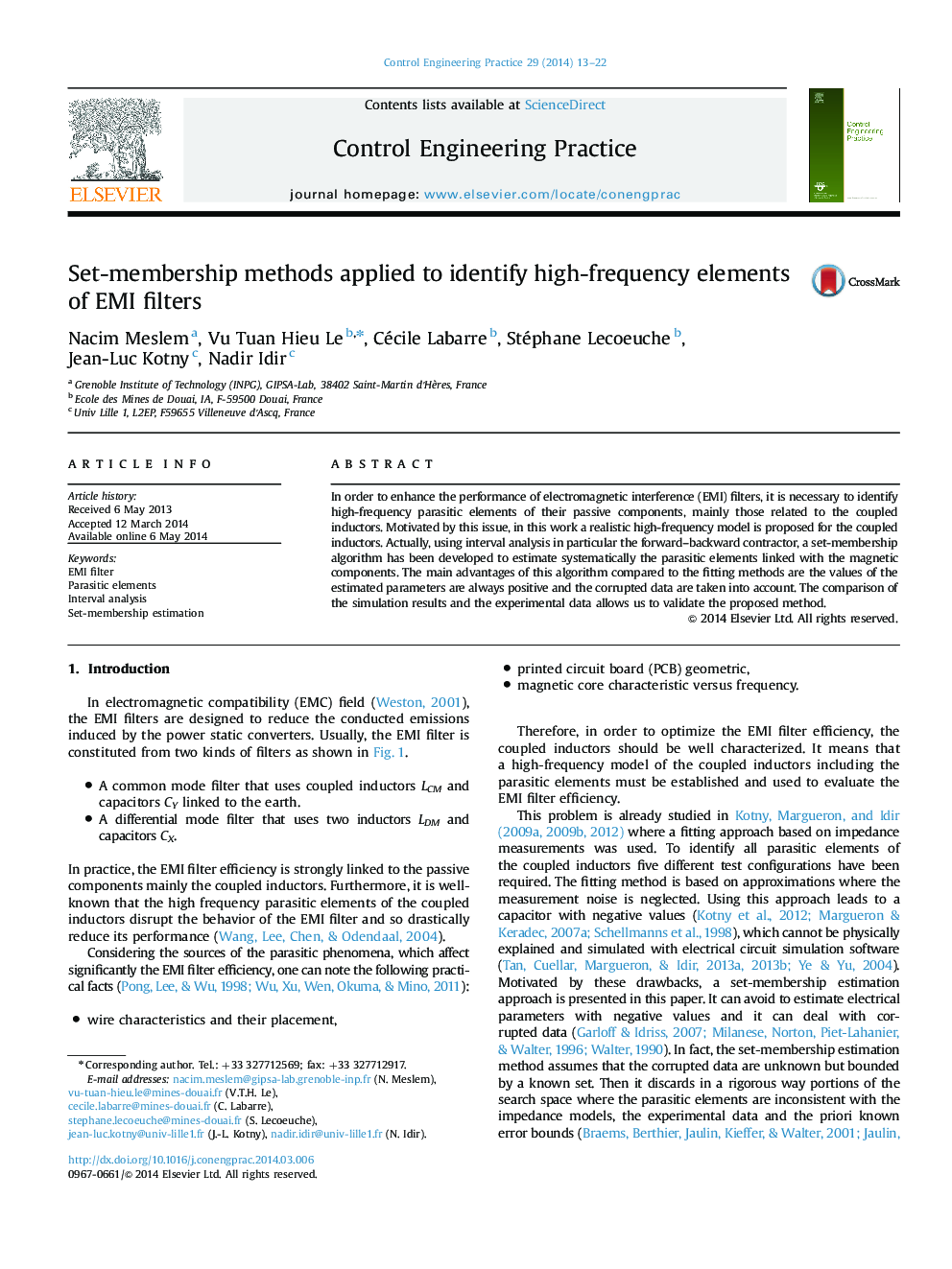 Set-membership methods applied to identify high-frequency elements of EMI filters