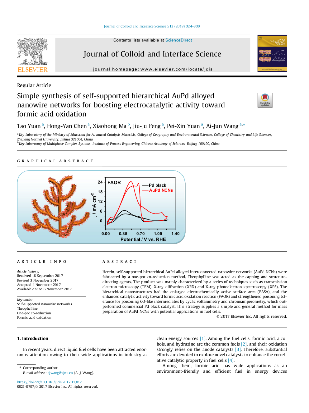 Simple synthesis of self-supported hierarchical AuPd alloyed nanowire networks for boosting electrocatalytic activity toward formic acid oxidation