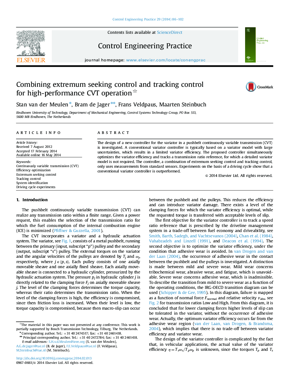 Combining extremum seeking control and tracking control for high-performance CVT operation 