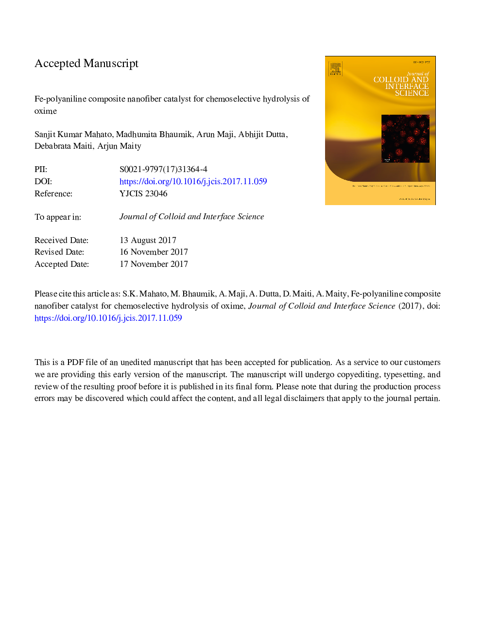 عکس صفحه اول مقاله: Fe-polyaniline composite nanofiber catalyst for chemoselective hydrolysis of oxime Fe-polyaniline composite nanofiber catalyst for chemoselective hydrolysis of oxime