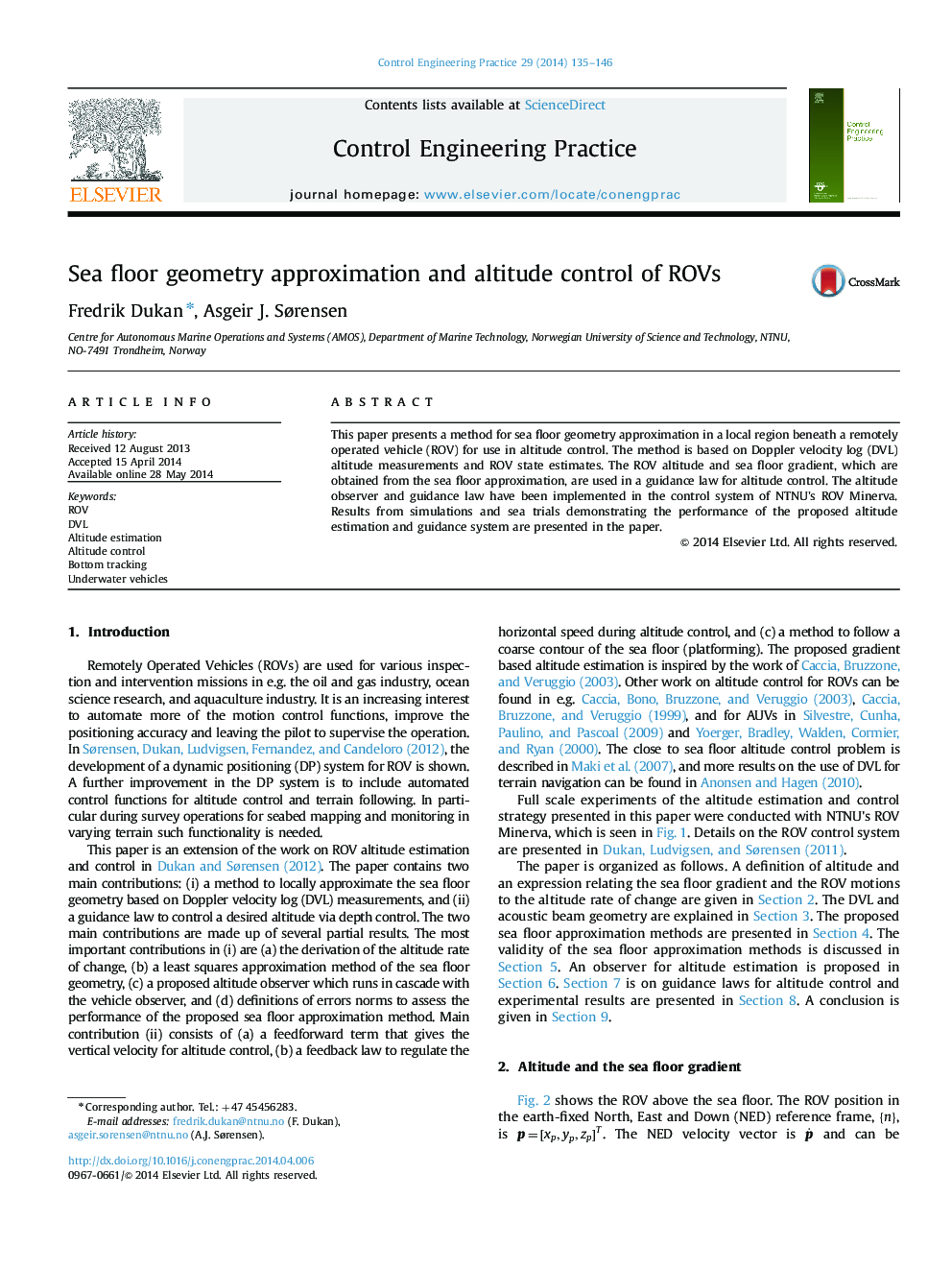 Sea floor geometry approximation and altitude control of ROVs