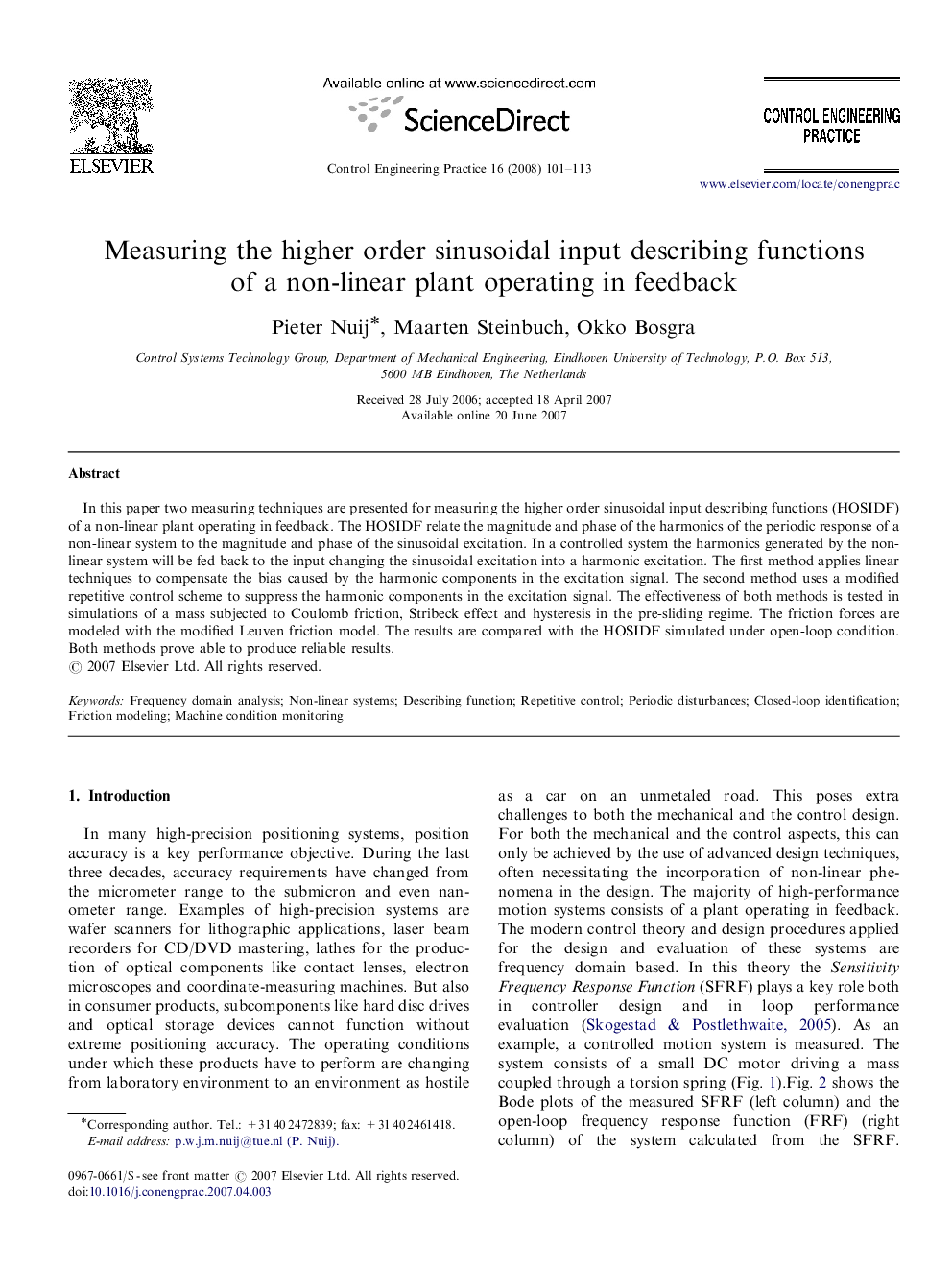 Measuring the higher order sinusoidal input describing functions of a non-linear plant operating in feedback