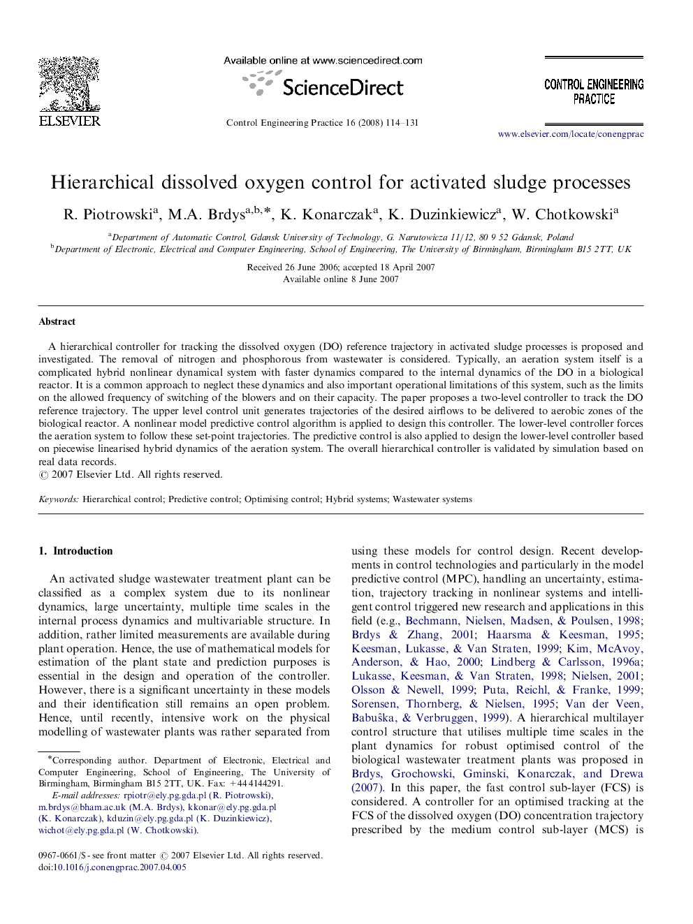 Hierarchical dissolved oxygen control for activated sludge processes