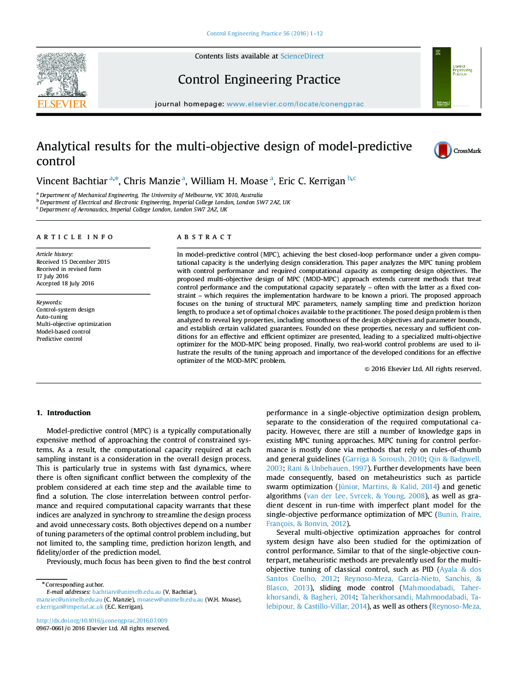 Analytical results for the multi-objective design of model-predictive control