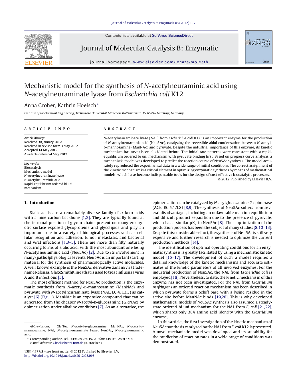 Mechanistic model for the synthesis of N-acetylneuraminic acid using N-acetylneuraminate lyase from Escherichia coli K12