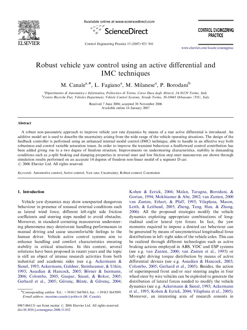 Robust vehicle yaw control using an active differential and IMC techniques