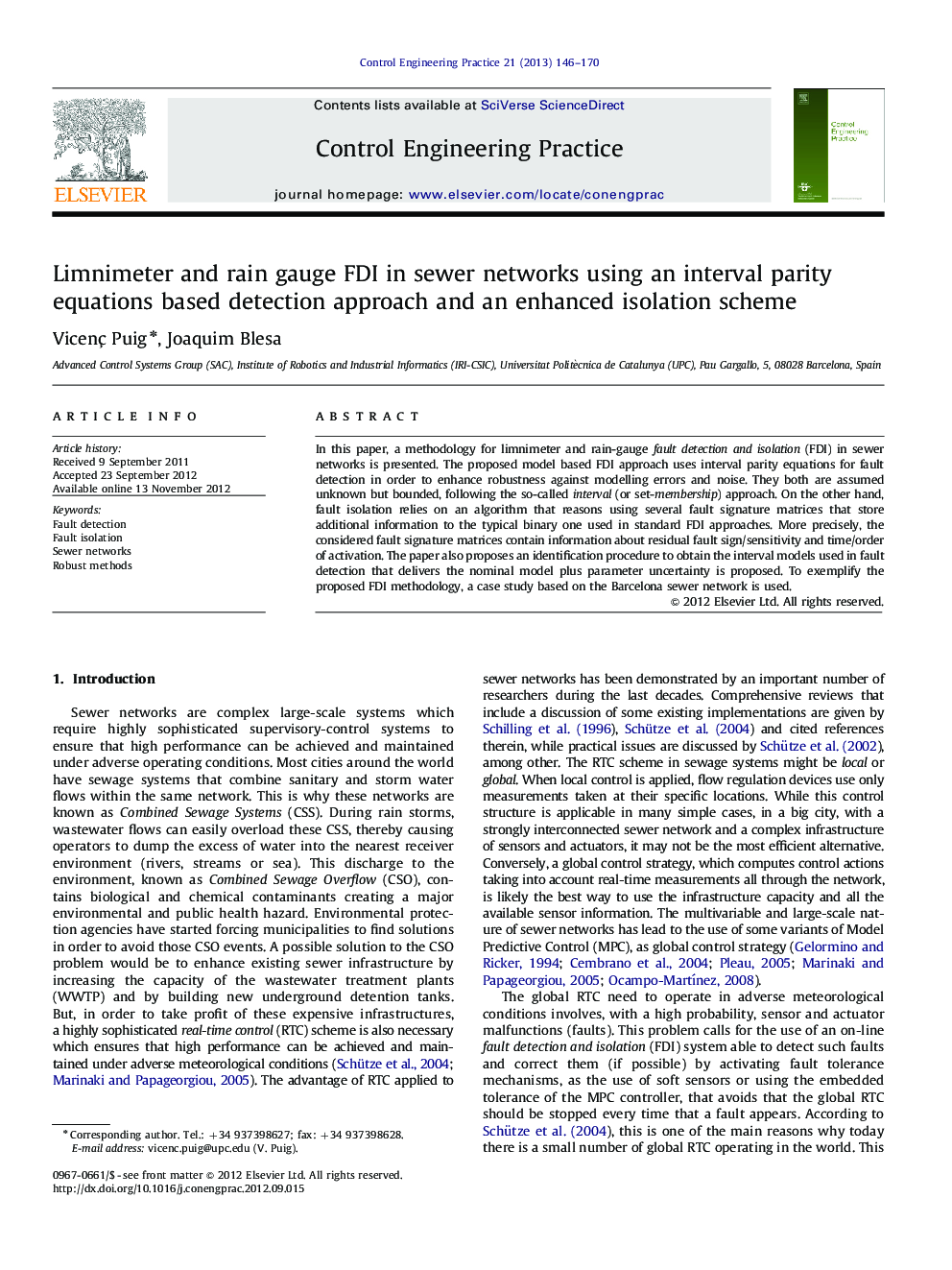 Limnimeter and rain gauge FDI in sewer networks using an interval parity equations based detection approach and an enhanced isolation scheme