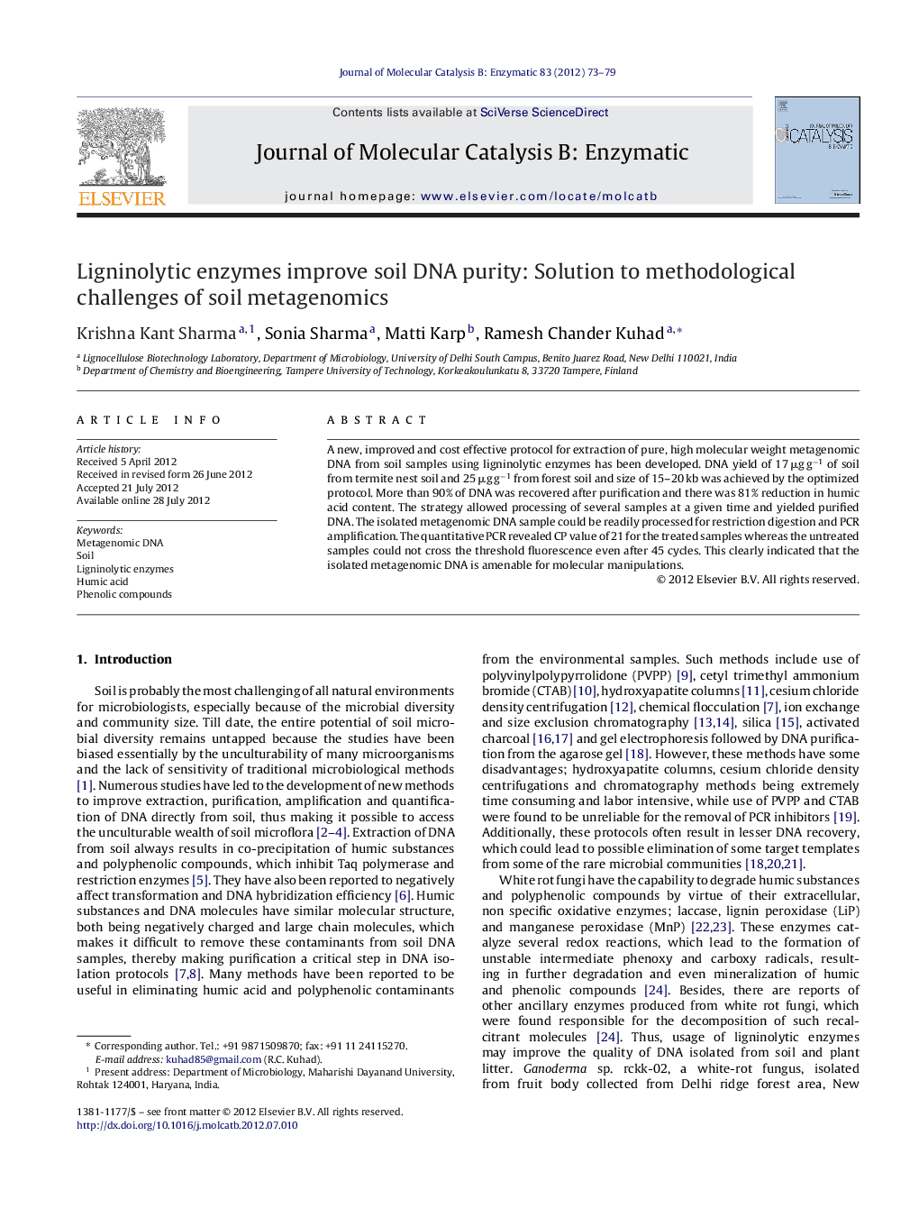 Ligninolytic enzymes improve soil DNA purity: Solution to methodological challenges of soil metagenomics