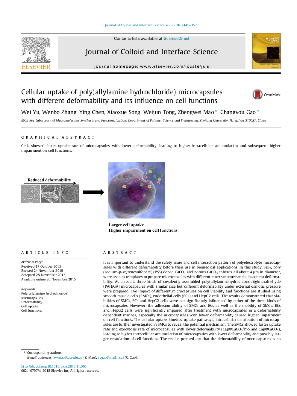 Cellular uptake of poly(allylamine hydrochloride) microcapsules with different deformability and its influence on cell functions