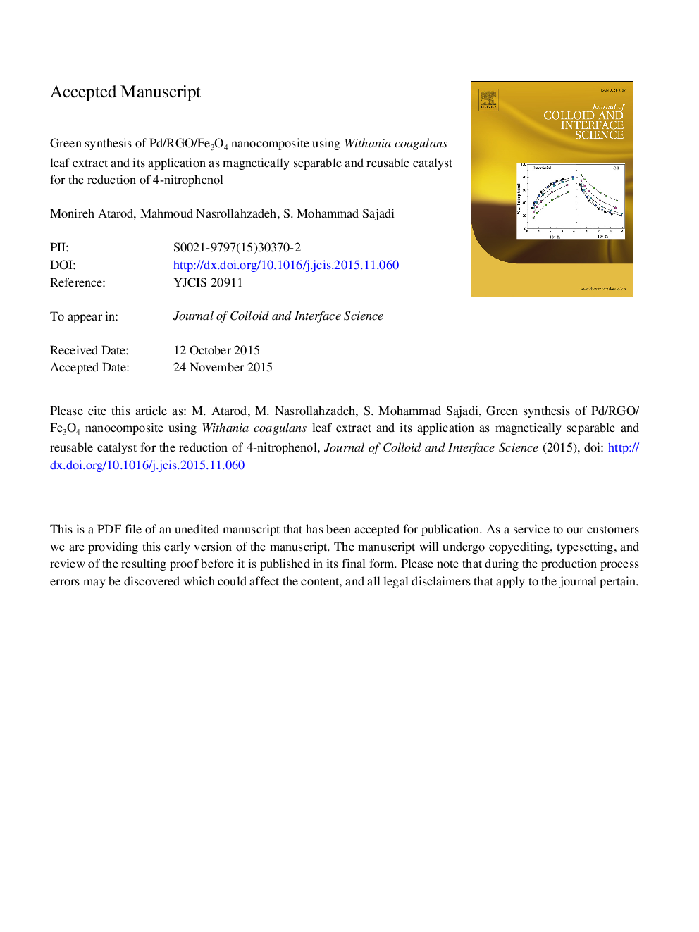 Green synthesis of Pd/RGO/Fe3O4 nanocomposite using Withania coagulans leaf extract and its application as magnetically separable and reusable catalyst for the reduction of 4-nitrophenol