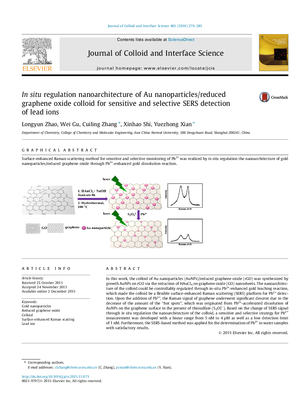 In situ regulation nanoarchitecture of Au nanoparticles/reduced graphene oxide colloid for sensitive and selective SERS detection of lead ions