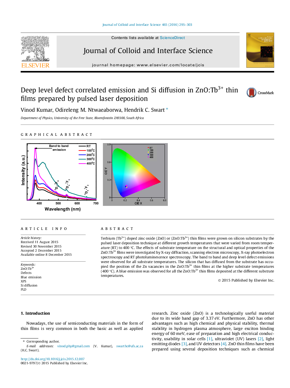 Deep level defect correlated emission and Si diffusion in ZnO:Tb3+ thin films prepared by pulsed laser deposition