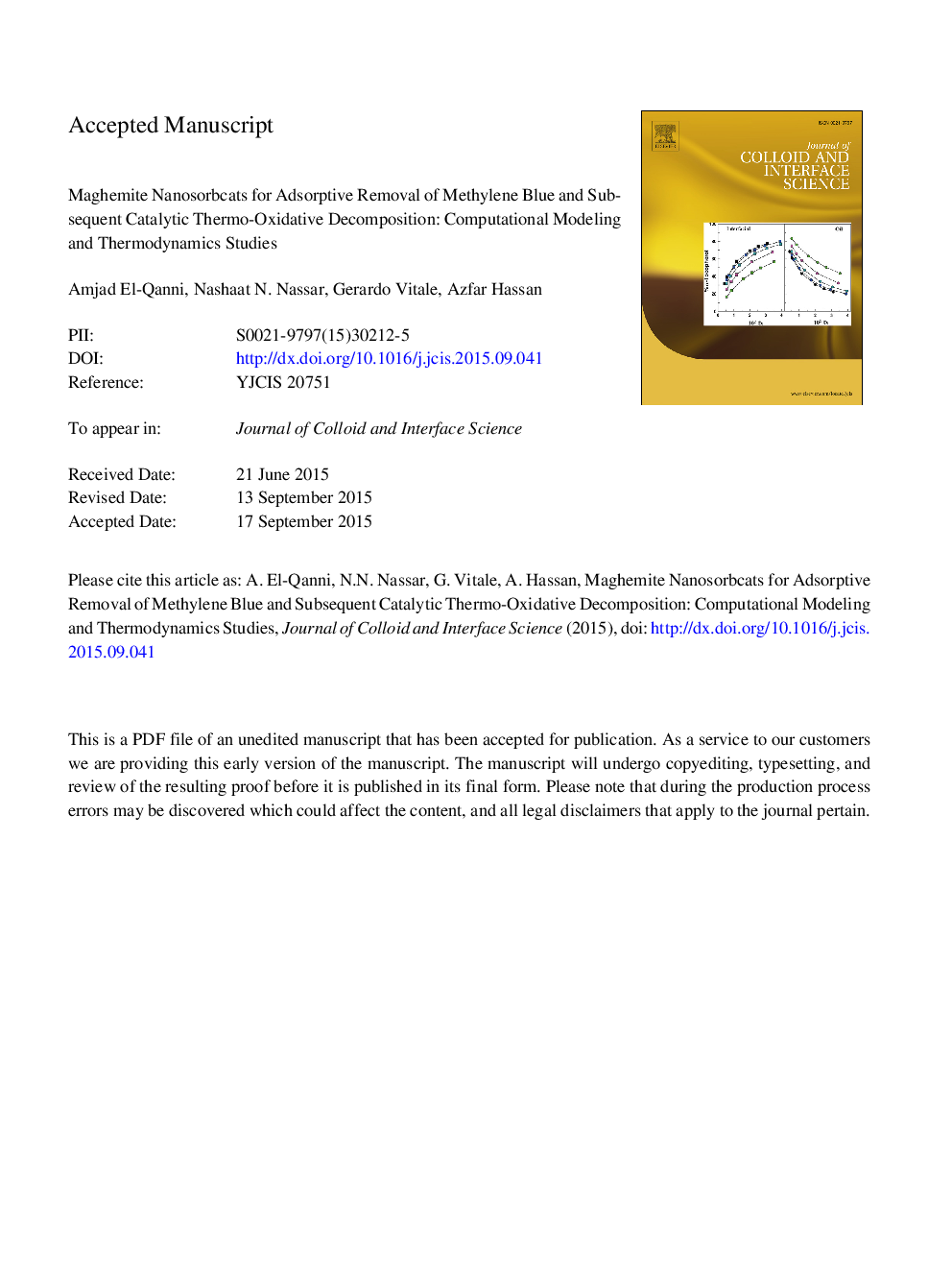 Maghemite nanosorbcats for methylene blue adsorption and subsequent catalytic thermo-oxidative decomposition: Computational modeling and thermodynamics studies