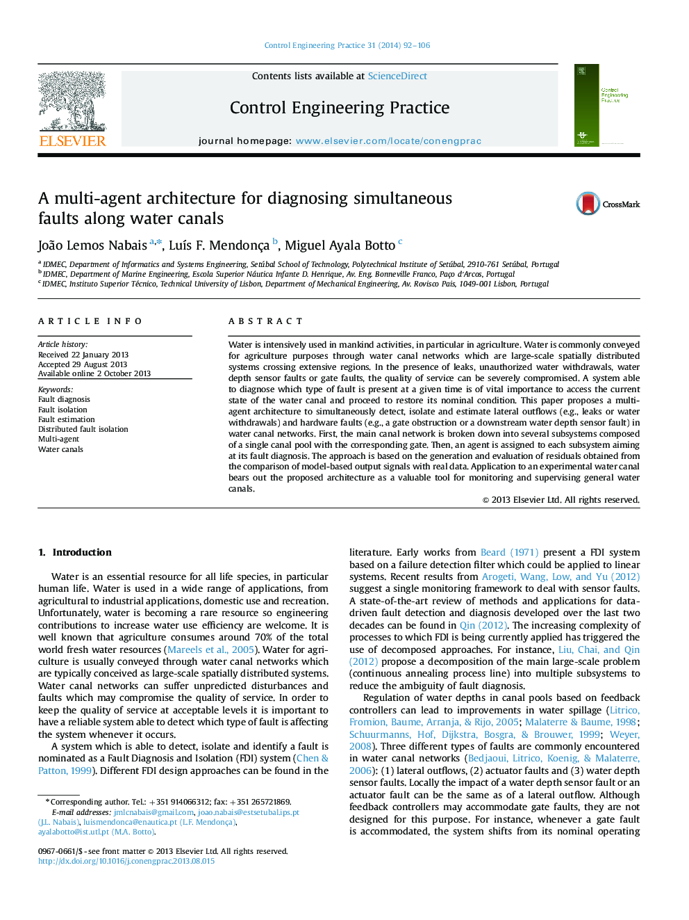 A multi-agent architecture for diagnosing simultaneous faults along water canals