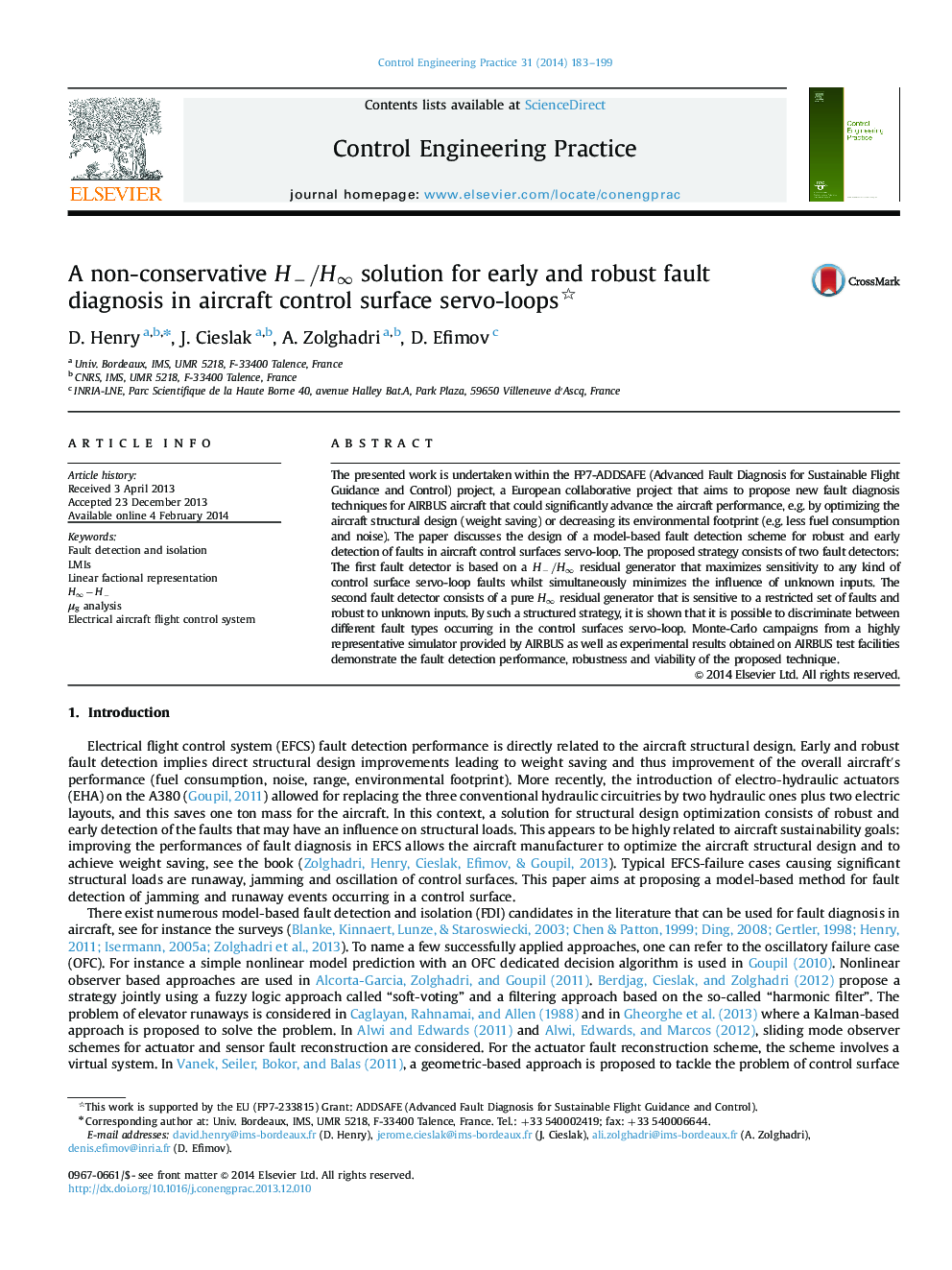 A non-conservative H−/H∞H−/H∞ solution for early and robust fault diagnosis in aircraft control surface servo-loops 