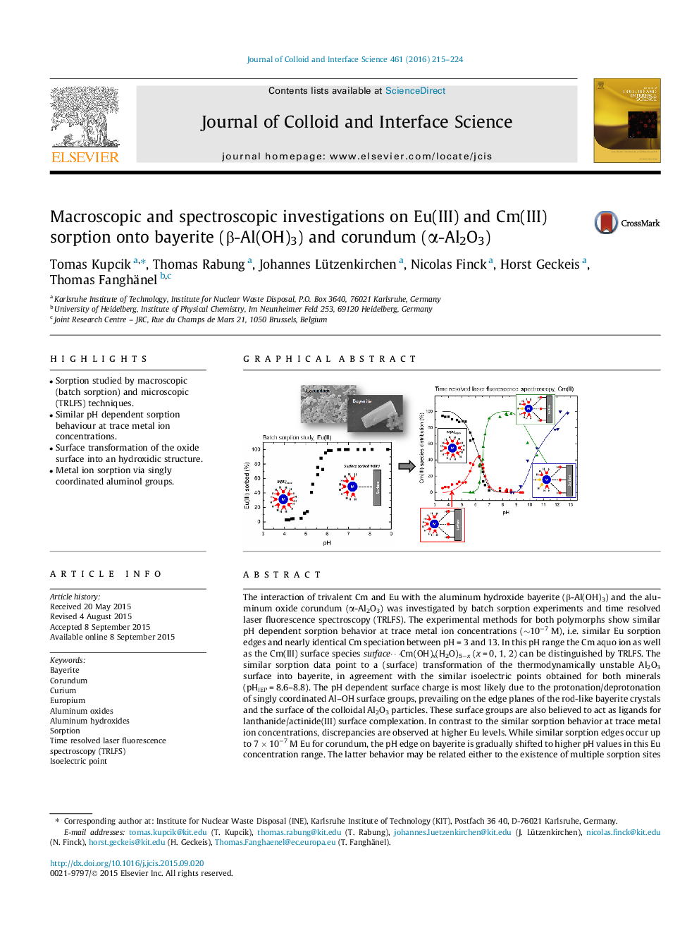 Macroscopic and spectroscopic investigations on Eu(III) and Cm(III) sorption onto bayerite (Î²-Al(OH)3) and corundum (Î±-Al2O3)