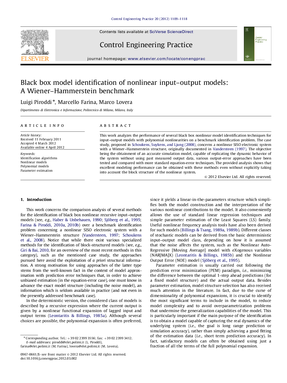Black box model identification of nonlinear input–output models: A Wiener–Hammerstein benchmark