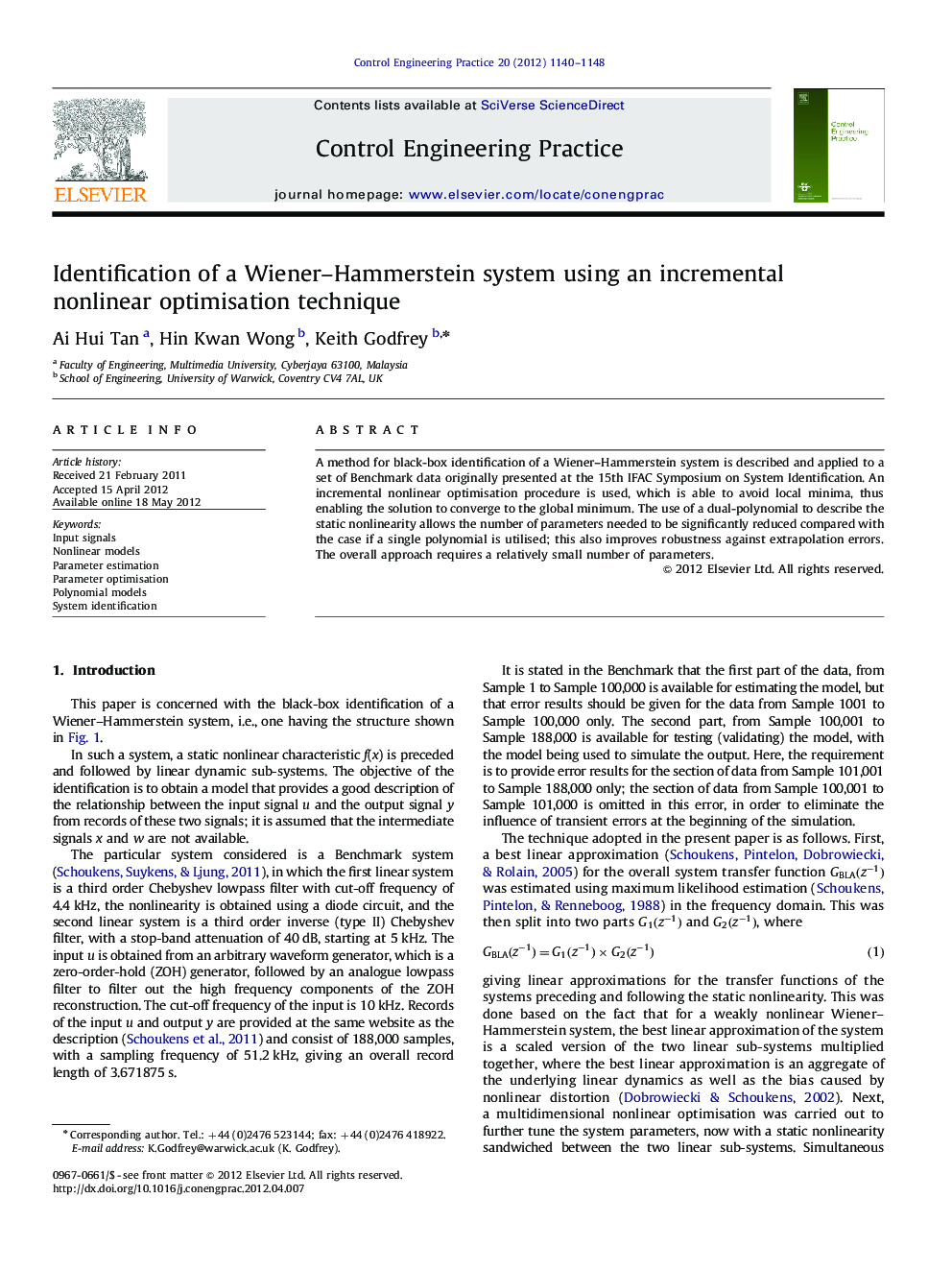 Identification of a Wiener–Hammerstein system using an incremental nonlinear optimisation technique