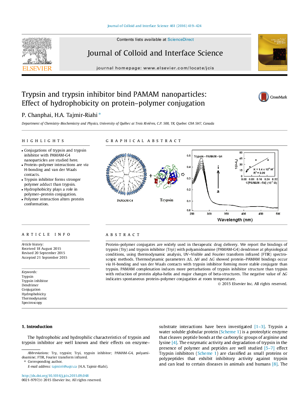 Trypsin and trypsin inhibitor bind PAMAM nanoparticles: Effect of hydrophobicity on protein-polymer conjugation