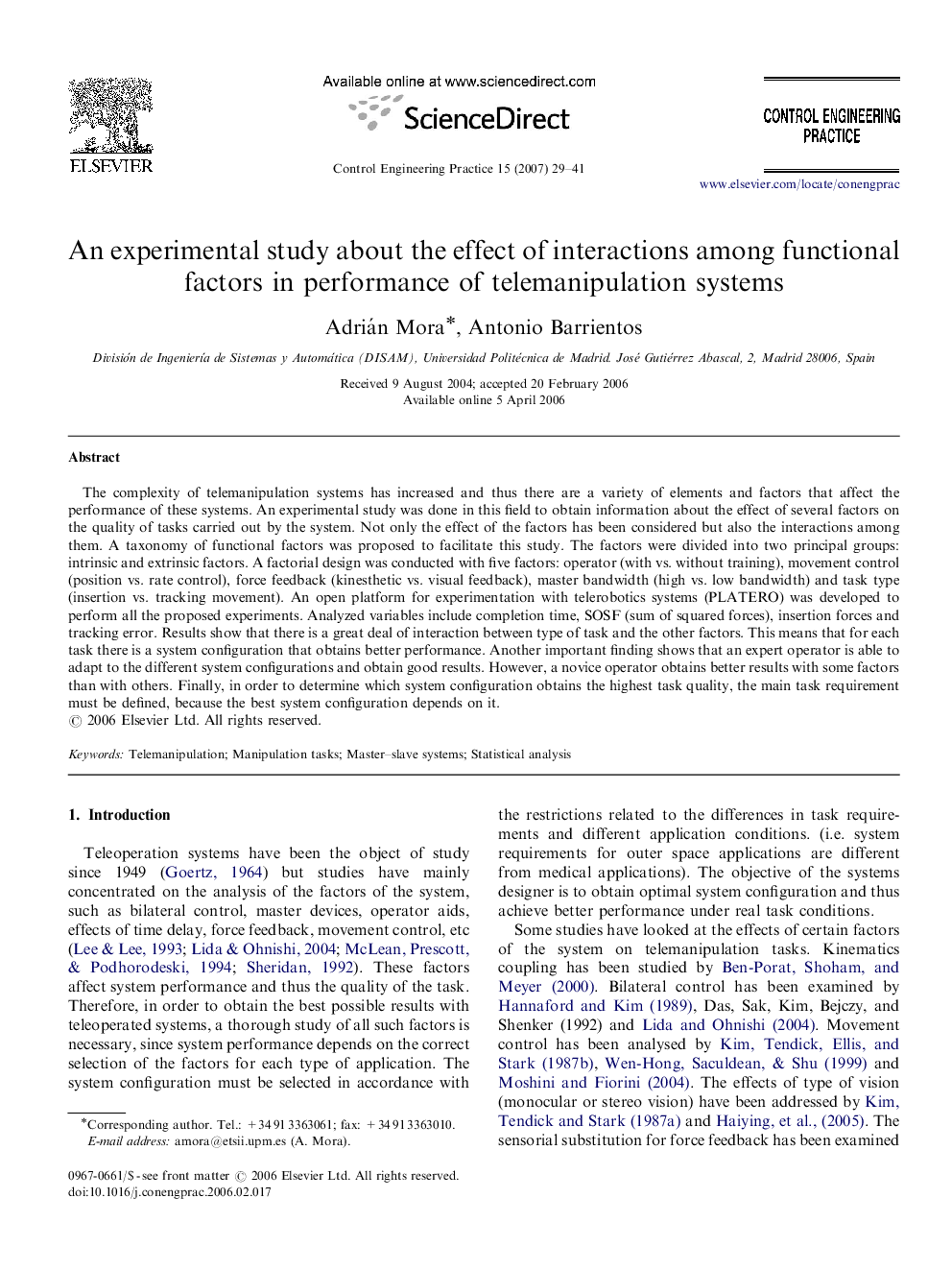 An experimental study about the effect of interactions among functional factors in performance of telemanipulation systems