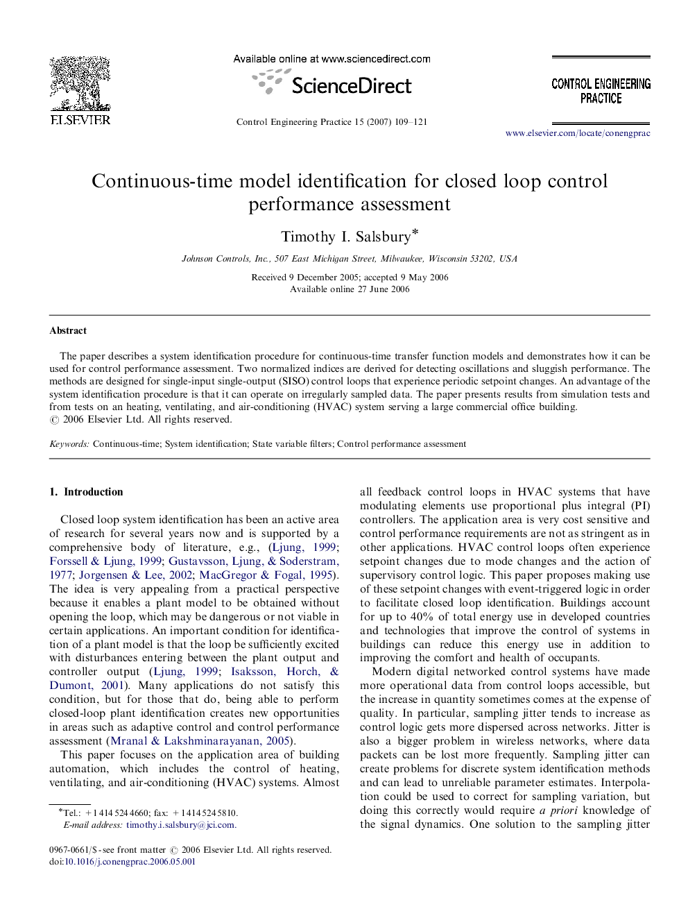 Continuous-time model identification for closed loop control performance assessment