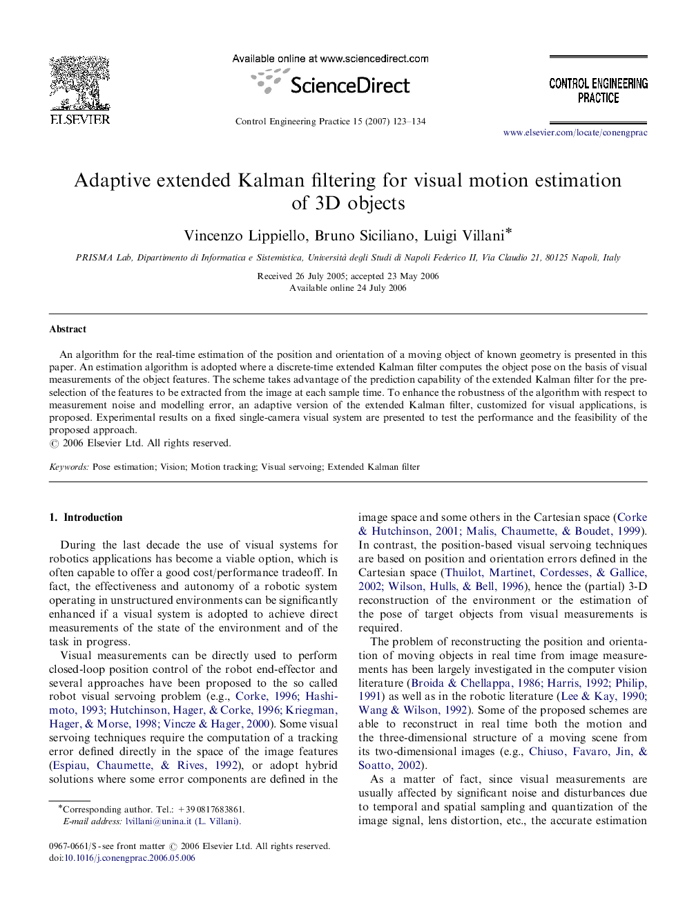 Adaptive extended Kalman filtering for visual motion estimation of 3D objects