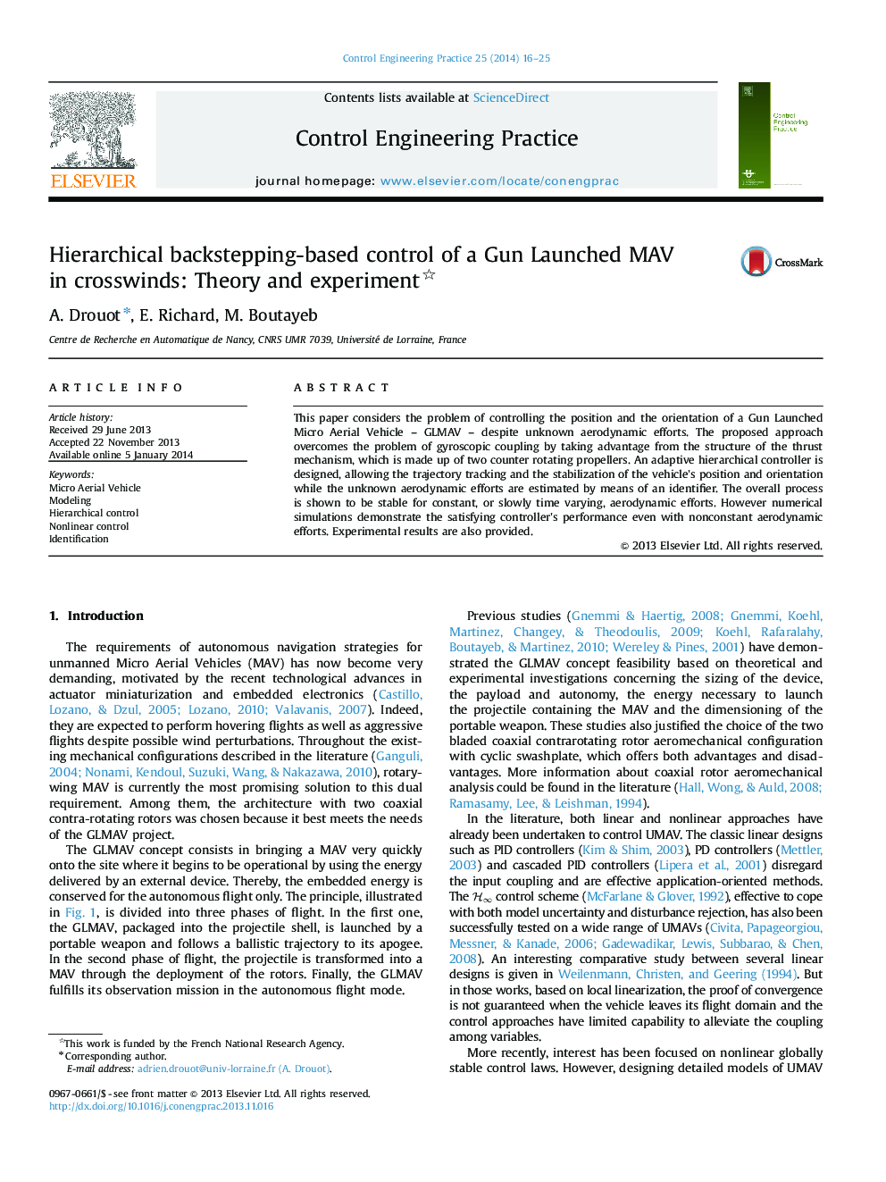 عکس صفحه اول مقاله: Hierarchical backstepping-based control of a Gun Launched MAV in crosswinds: Theory and experiment Hierarchical backstepping-based control of a Gun Launched MAV in crosswinds: Theory and experiment