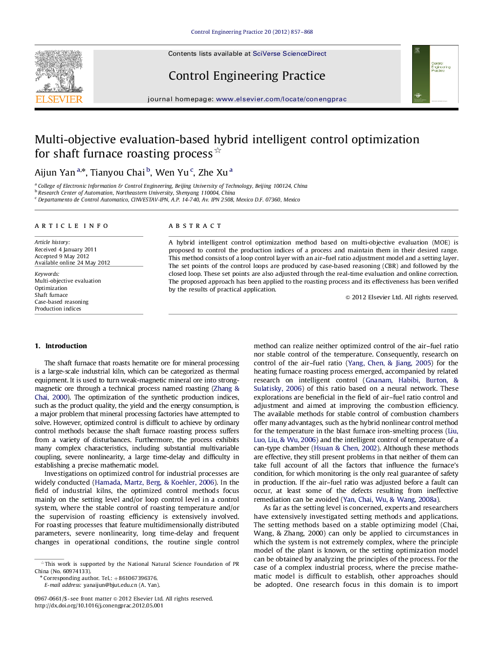 Multi-objective evaluation-based hybrid intelligent control optimization for shaft furnace roasting process 