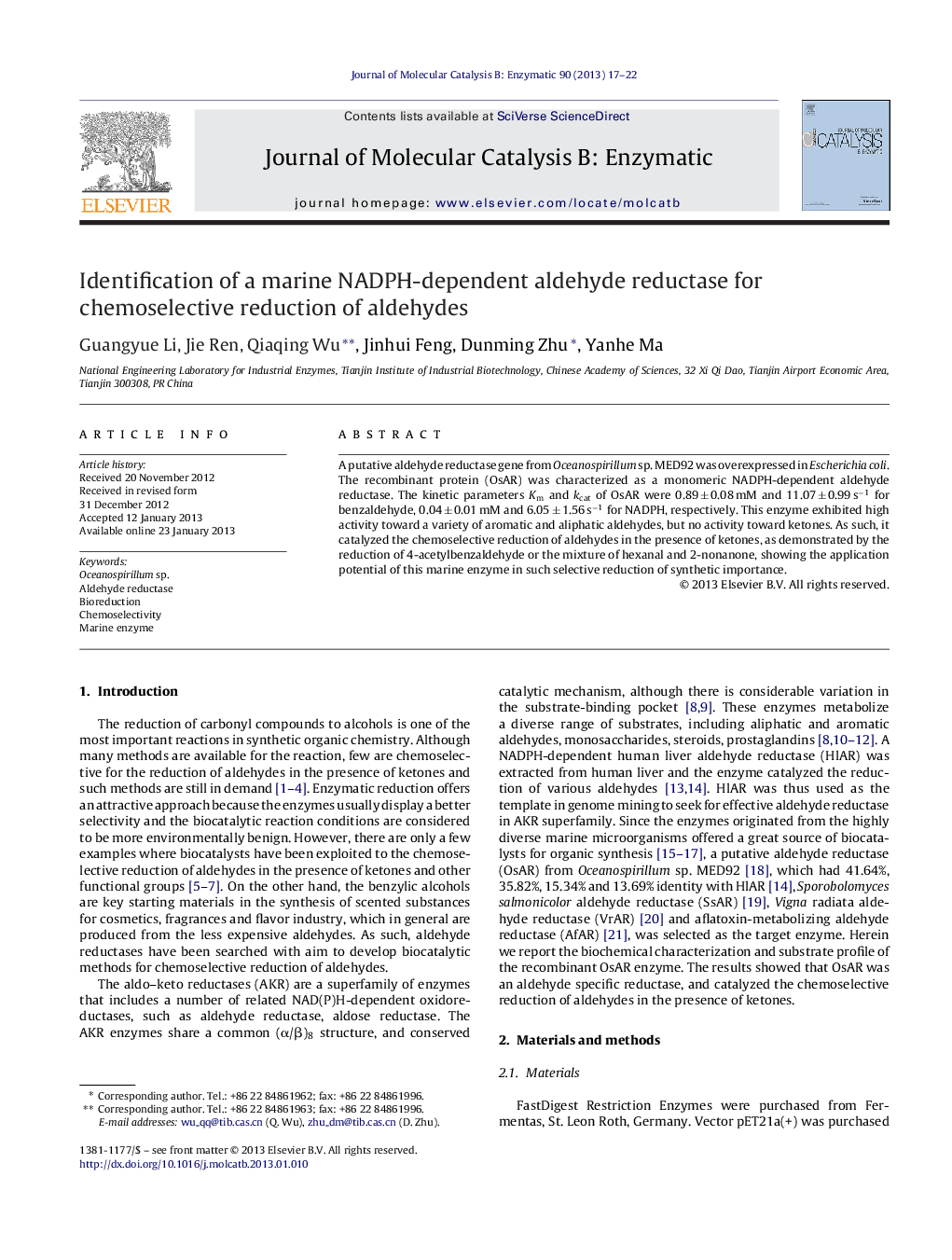 Identification of a marine NADPH-dependent aldehyde reductase for chemoselective reduction of aldehydes