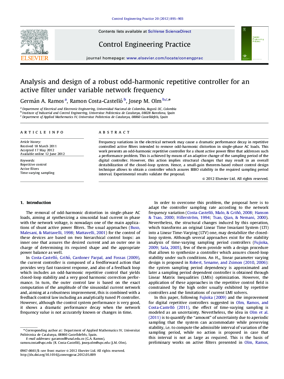 Analysis and design of a robust odd-harmonic repetitive controller for an active filter under variable network frequency