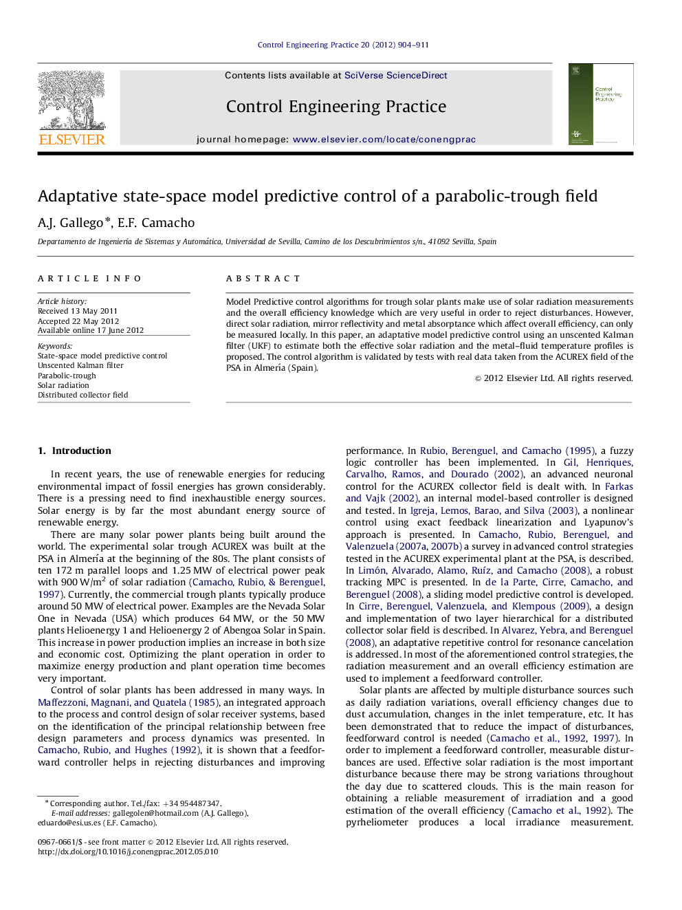 Adaptative state-space model predictive control of a parabolic-trough field