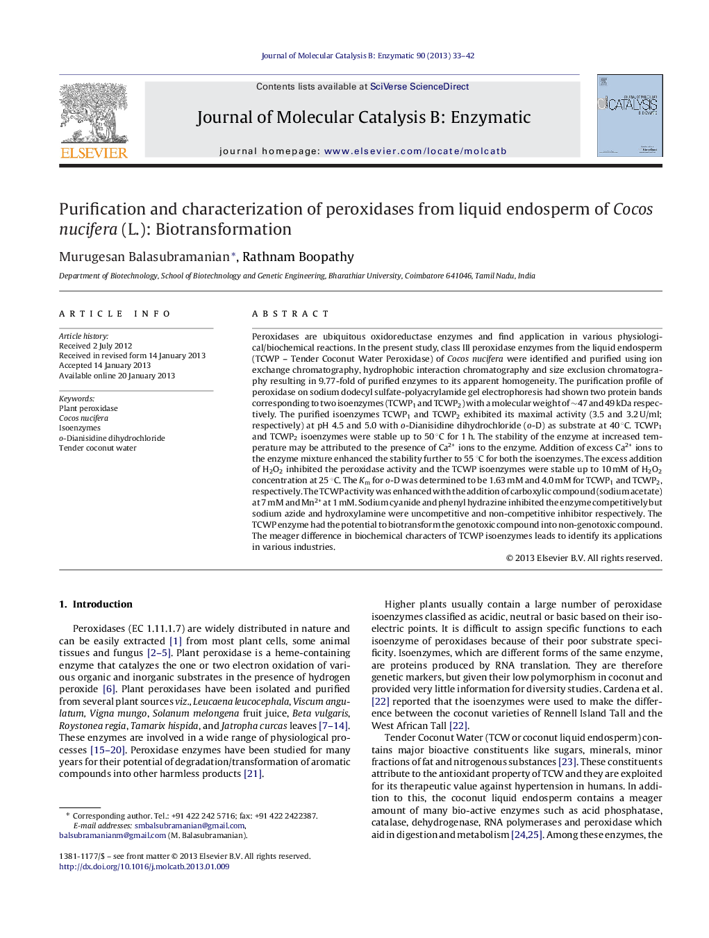 Purification and characterization of peroxidases from liquid endosperm of Cocos nucifera (L.): Biotransformation