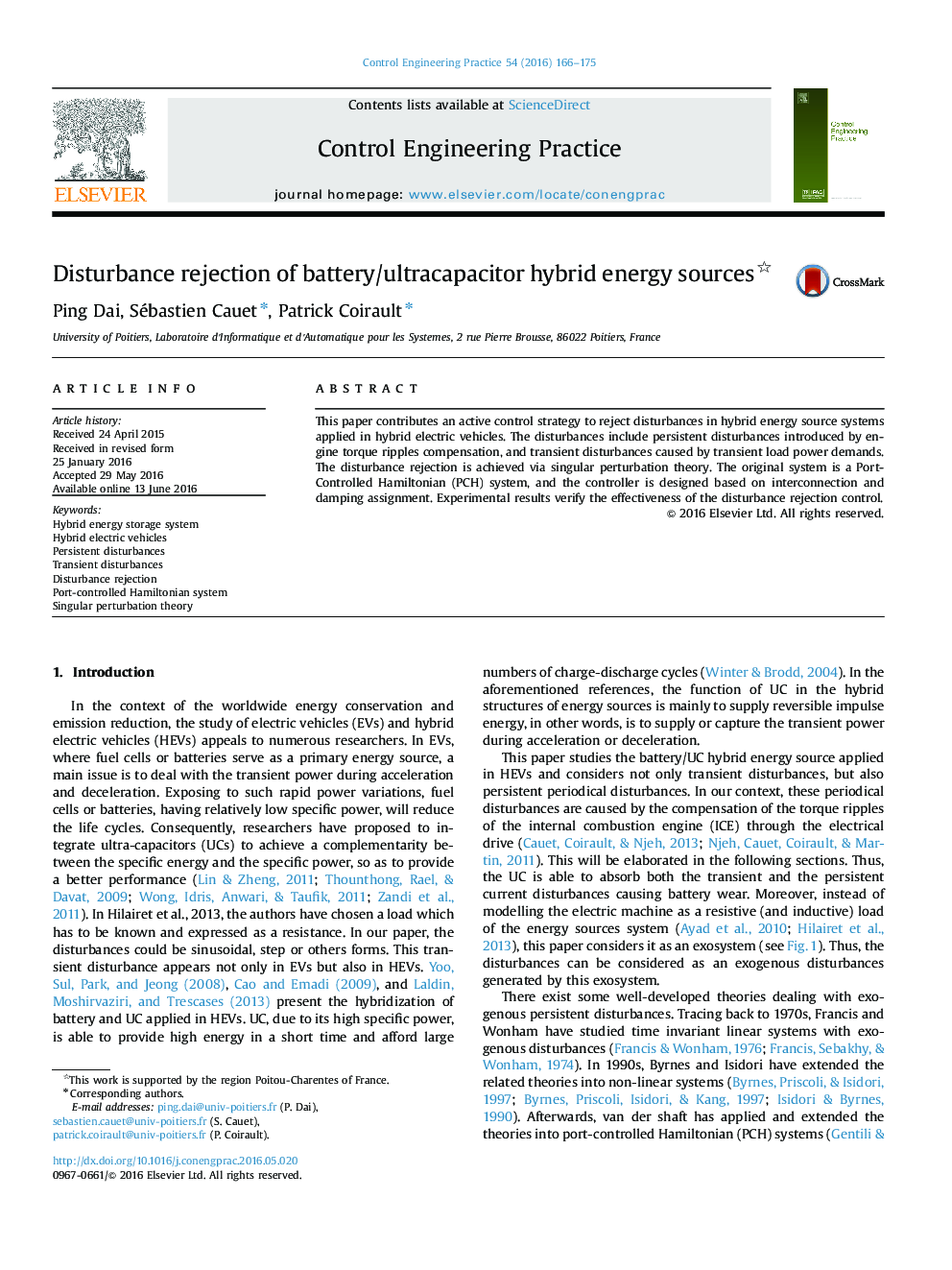 Disturbance rejection of battery/ultracapacitor hybrid energy sources 